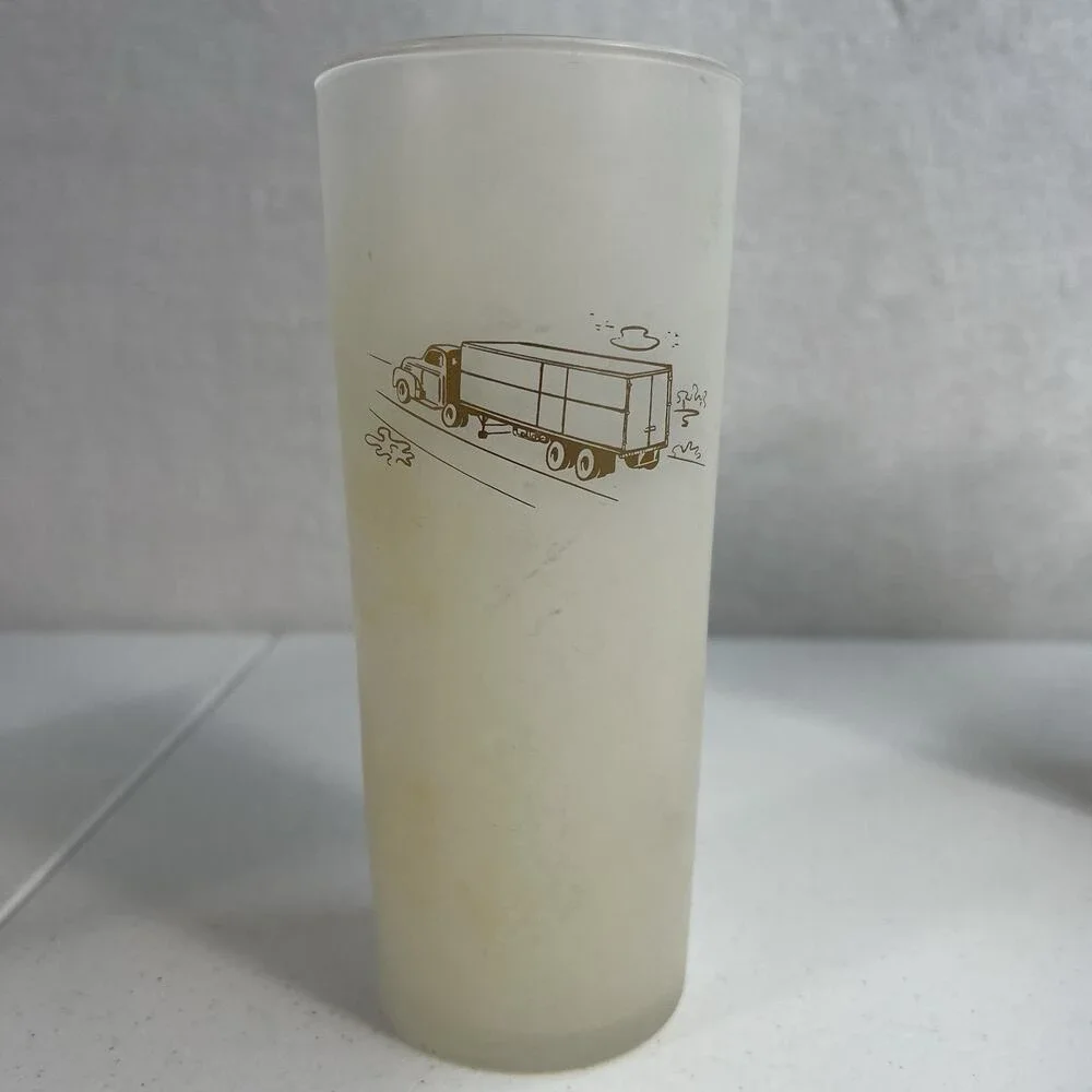 Vintage Rare Lot 6 Glass Frosted White Gold Etching Semi Trailer Crane Big Rig‎